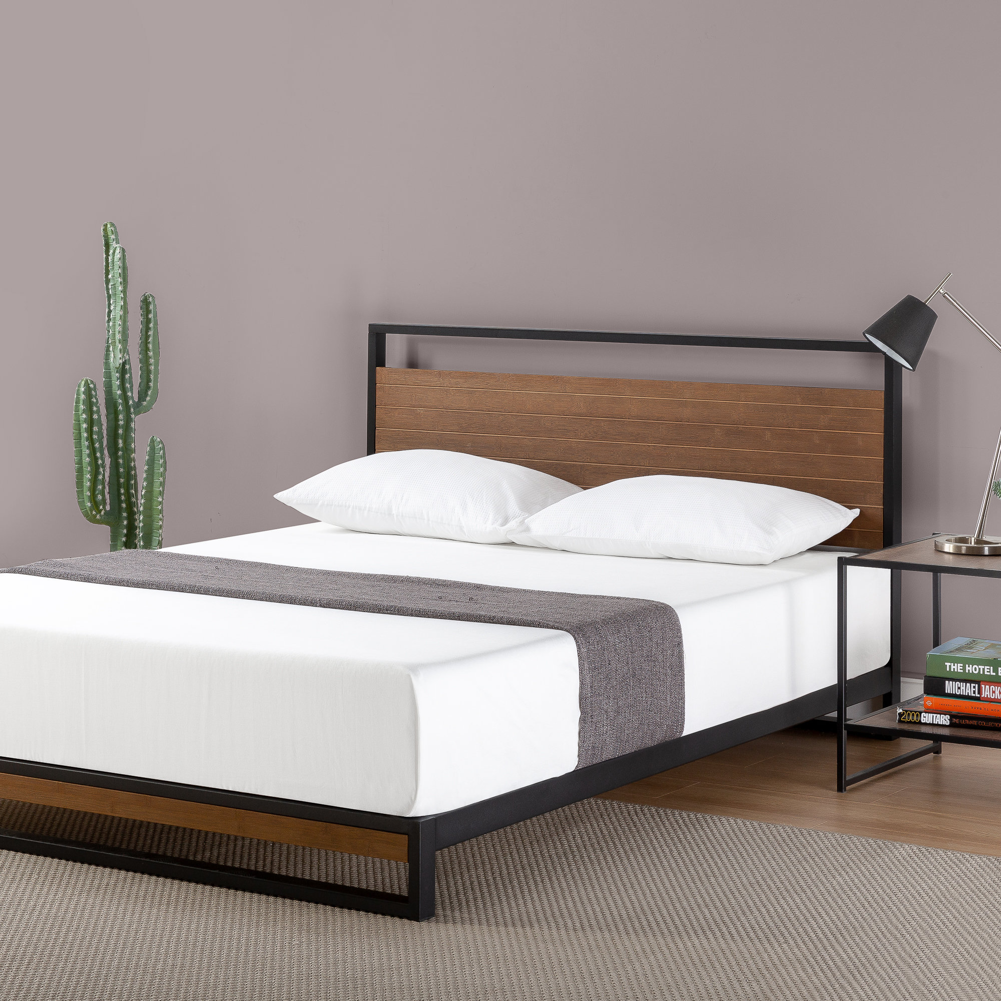 Gemma Solid Steel Bed Frame with Detailed Bamboo Headboard