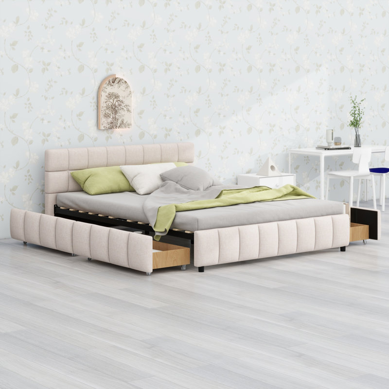 Cadre de lit plateforme capitonné avec tiroirs de rangement encastrés Block Grid, Beige