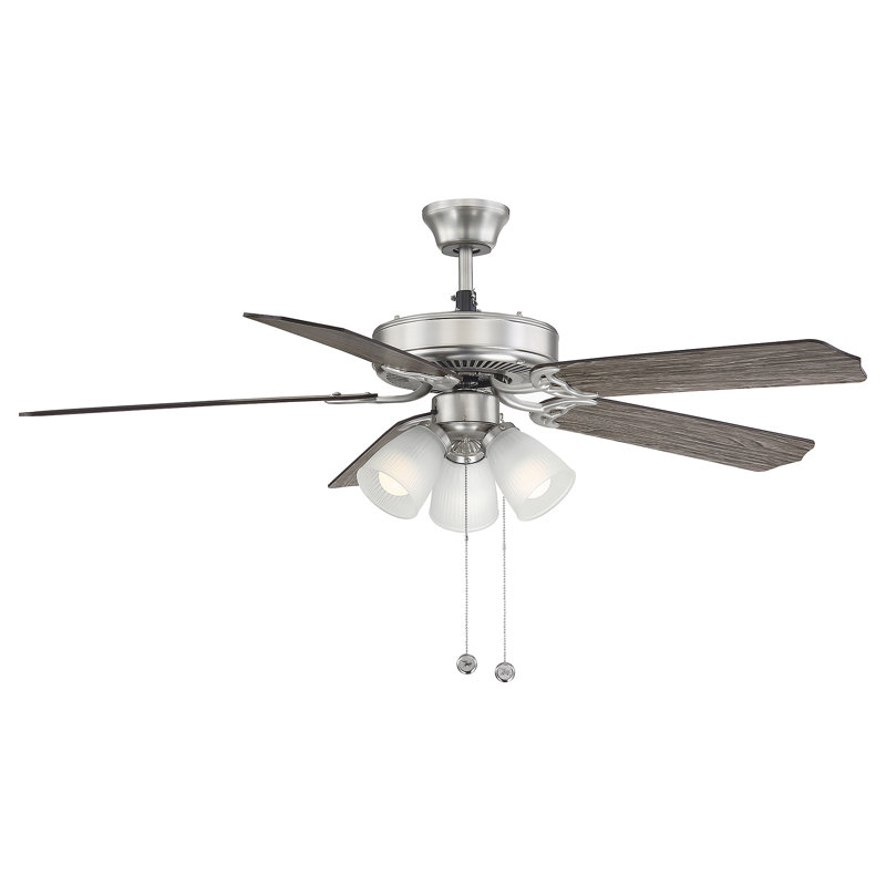 52" Garrett 5 - Blade Standard Ceiling Fan in Satin Nickel with Pull Chain and Light Kit Included, Satin White Frosted