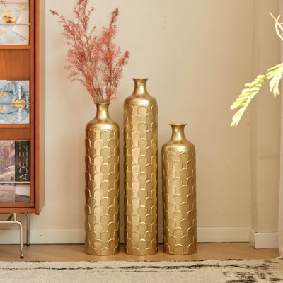 Cory-Lee Handcrafted Metal Floor Vase with Golden Scales, Large Flower Vase(Set Of 3)