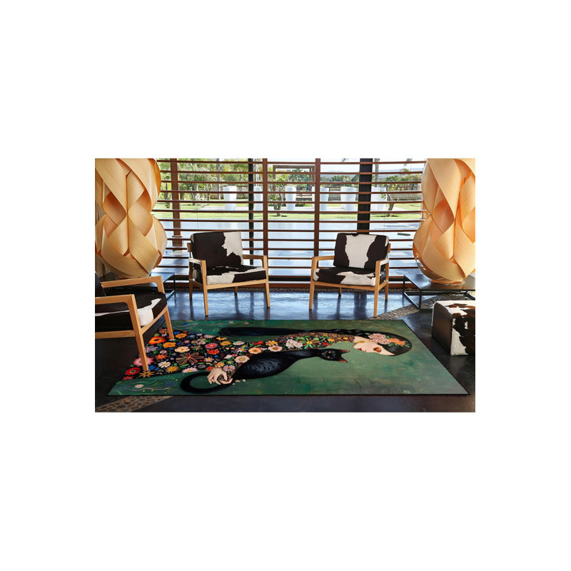 Tapis floral lavable à la machine Floral Cat and Woman, Rectangle 3 pi 3 po x 4 pi 11 po