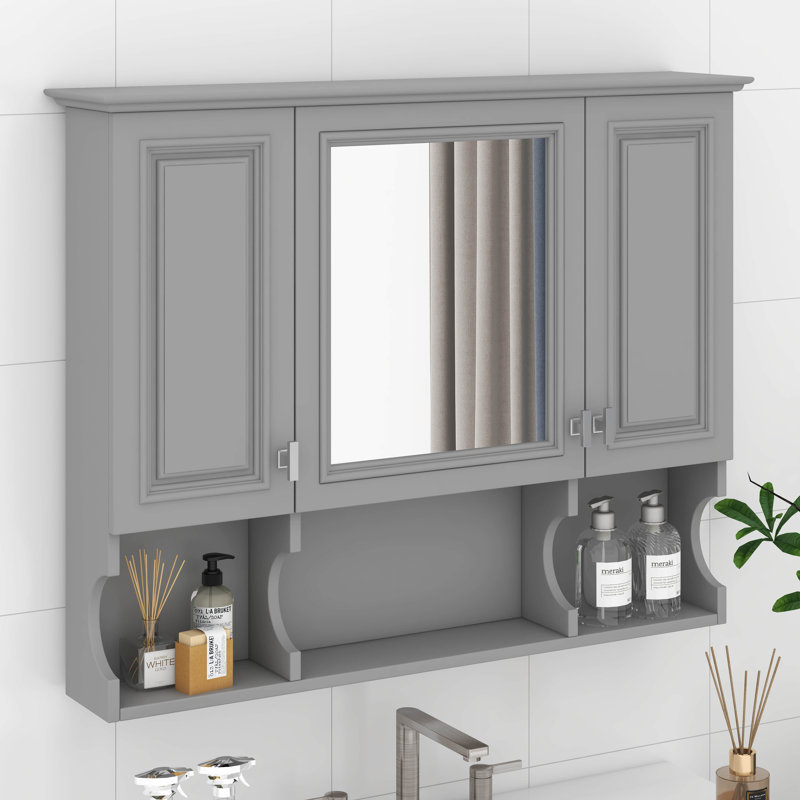 Armoire de salle de bain avec miroir, armoire à pharmacie murale avec tablettes réglables et espaces ouverts, armoire de rangement pour salle de bain 35 "x 28"