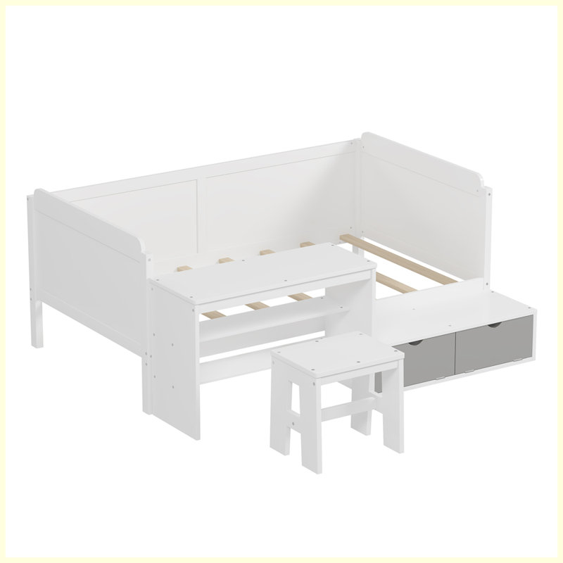 Wooden Twin Size Daybed with Storage Shelves and Lockers, Multi-functional Bed with Study Desk and Matching Stool, White