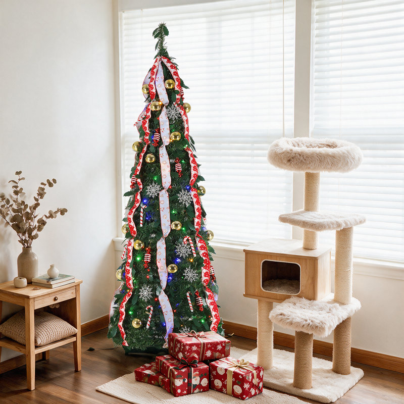 6ft Pre-lit Pop Up Christmas Tree, Pre Decorated W/100 Warm White & Coloured Lights, Collapsible Artificial Christmas Tree W/remote, Brightness Adjustment, Timing, 11 Models, Xmas Holiday Home Decor