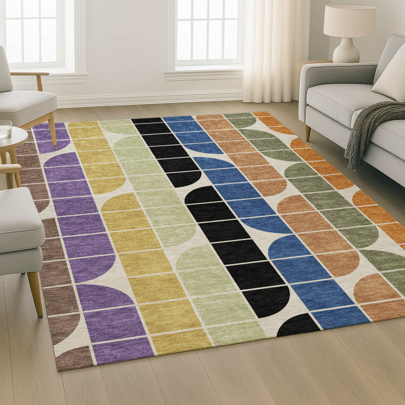 Premium Machine Washable Mayfield AMF2418 Geometric Rug, Blue, 3' x 5'
