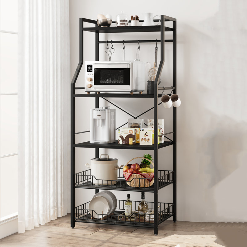 Kitchen Bakers Rack, Microwave Oven Stand With 2 Large Wire Basket, Black