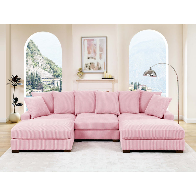 122" Upholstered Corduroy Sofa With Solid Wood Legs, Pink