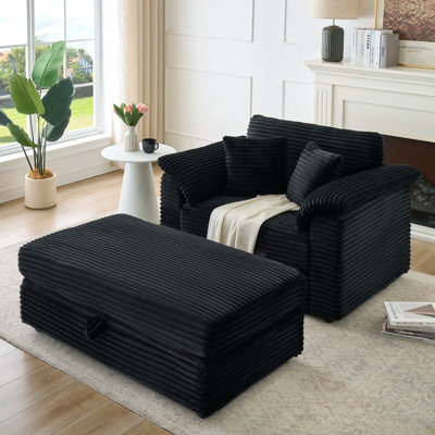 47.24-Inch Spring-Wrapped Corduroy Armchair + Storage Stool Set With  Usb Ports
