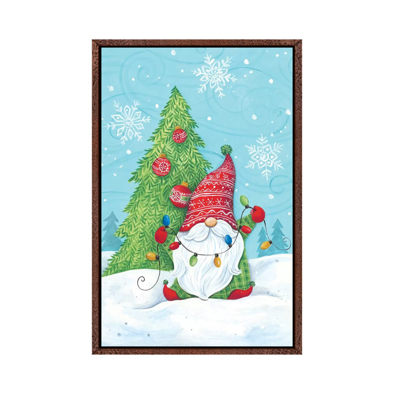 Elf Gnome With Lights by Diane Kater - Print on Canvas, 101.6cm H x 66.04cm W x 3.81cm D, Classic Brown Wood Framed