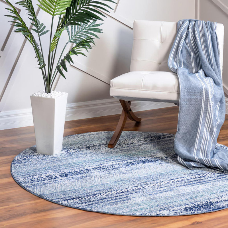 Tapis bleu à motif géométrique, Rond 3 pi 7 po