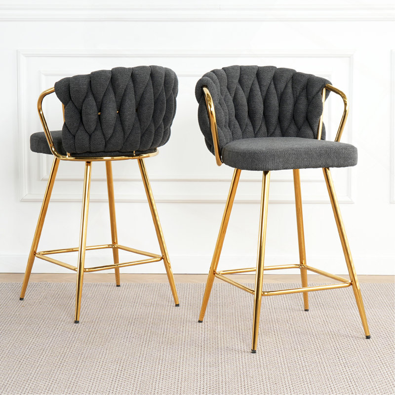 Chaise de bar moderne et moderne avec tabourets hauts et pattes plaquées or pour salle à manger en lin gris foncé