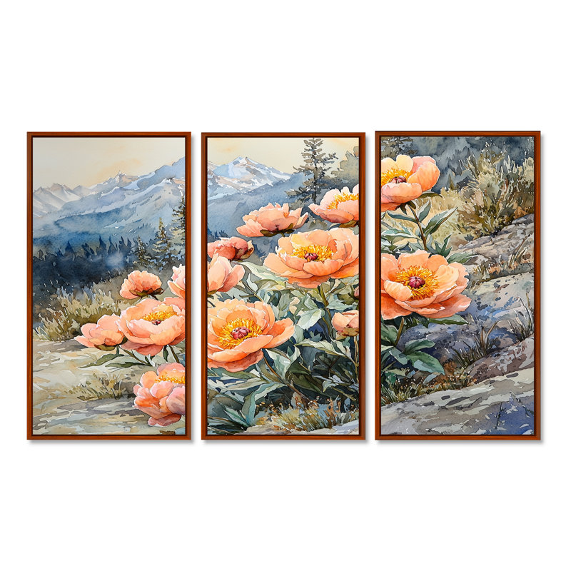 Pivoines dans le col de montagne - Art mural grand pivoines - 3 panneaux, H 28 po x l 36 po, Brun