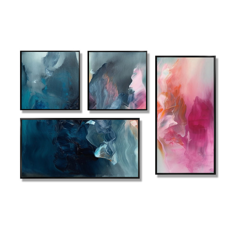 «Blue and Pink Spatula Abstract», reproduction d'art sur toile bleue, 4 pièces, Impression encadrée sans passe-partout, Noir