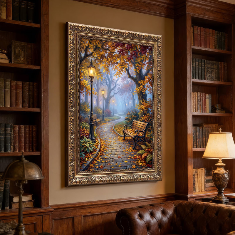 Art mural en toile noyer doré encadré pour salon, chambre à coucher, bureau ou vestibule - décoration murale décorative avec sentier d'automne