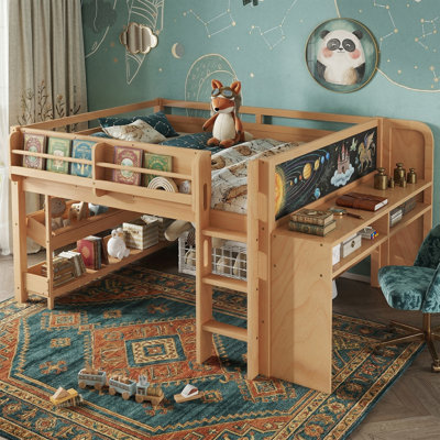Lit mezzanine bas en bois 95,2 "avec bureau intégré et tableau noir - Double