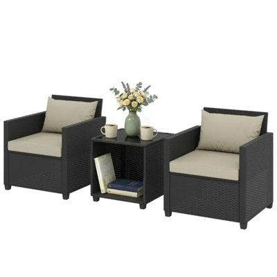 Ensemble bistro 3 pièces beige en osier avec table en verre et coussins épais