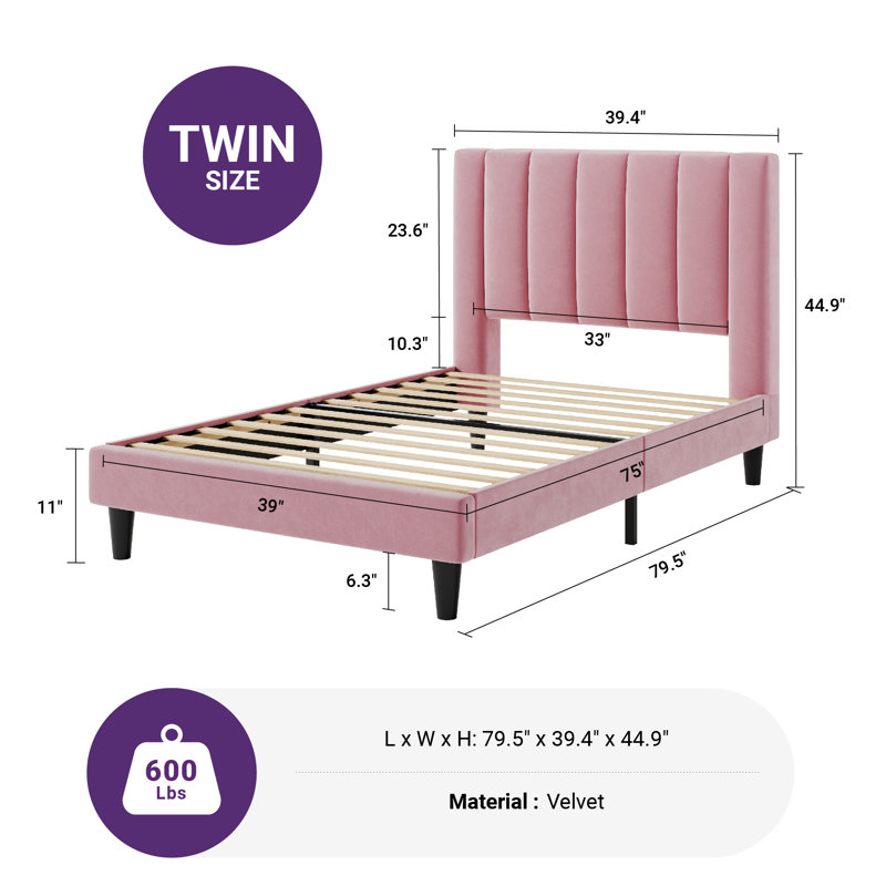 Lit plateforme tapissier avec velours et tête de lit rayée Stauton, Lit simple, Rose