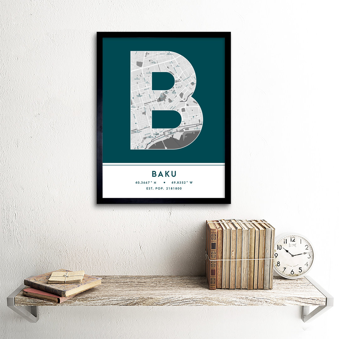 Baku City Map Baku Teal by Wee Blue Coo - Single Picture Frame Typography