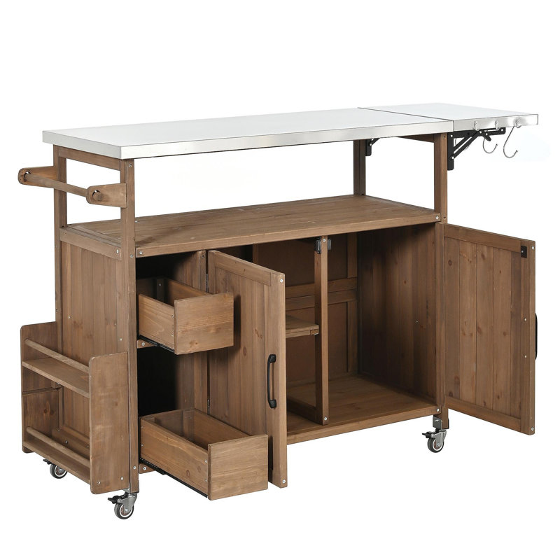 Chariot de cuisine extérieur de 54,33 po, cadre en bois massif avec plateau en acier inoxydable, support à épices, porte-serviettes, roues verrouillables et rangement multifonctionnel pour la terrasse, le barbecue dans la cour arrière et la cuisine
