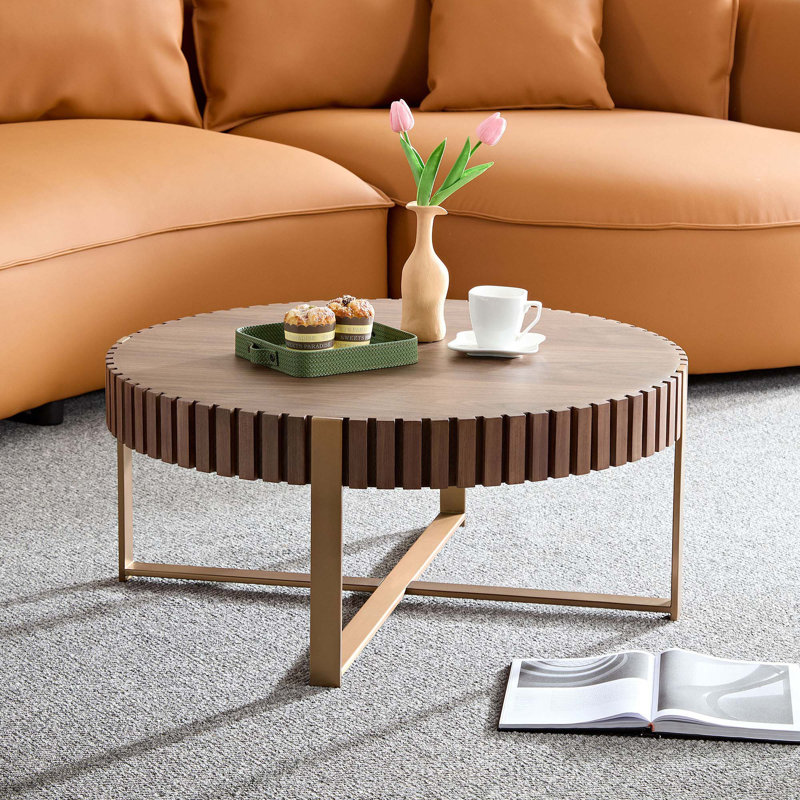 Walnut and Gold 31.5" Round Drum Coffee Table with Stainless Steel Pedestal