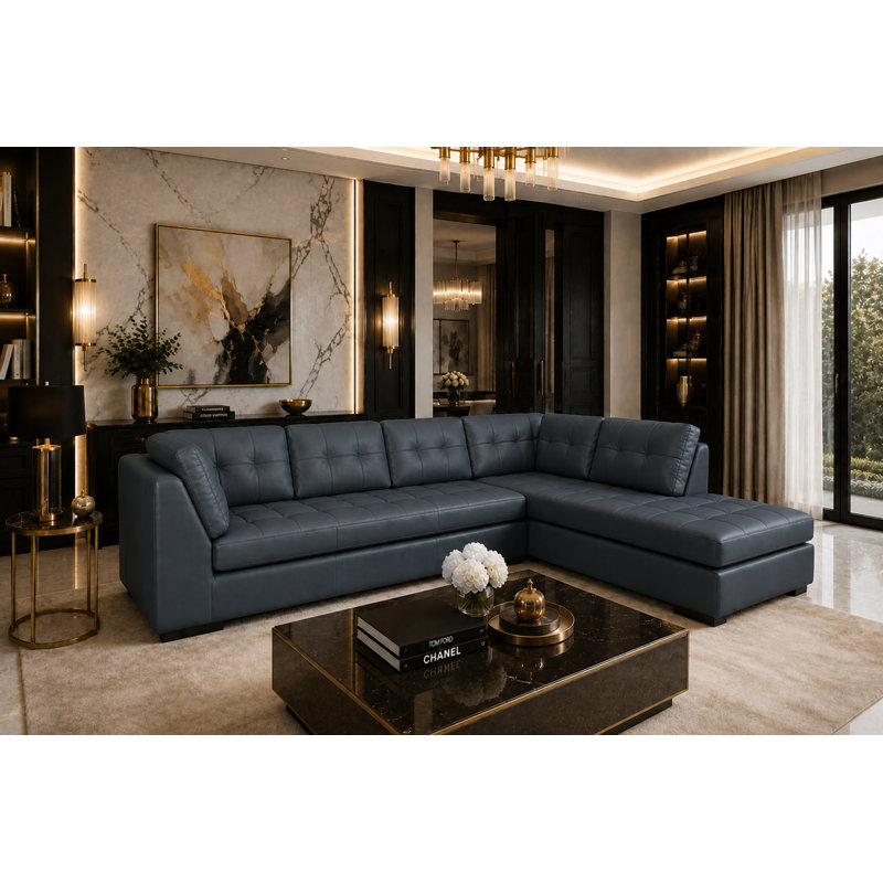 Canapé modulaire en cuir véritable de 126 po de large Rameek, Orienté vers le côté droit, Blue