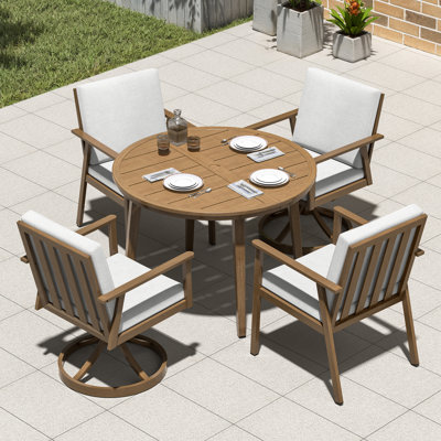 Ensemble de salle à manger d'extérieur rond 5 pièces comprenant une table de patio de 104 cm, 2 fauteuils pivotants et 2 chaises de salle à manger, structure en aluminium antirouille, mobilier confortable pour les réunions de famille et les réceptions en plein air, brun