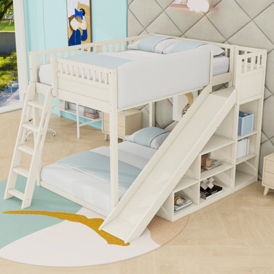 Loft Bed With Slide, Ladder And Storage Shelves