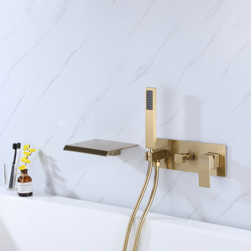 2 Handle Wall Waterfall Faucet with Diverter, Brushed Gold