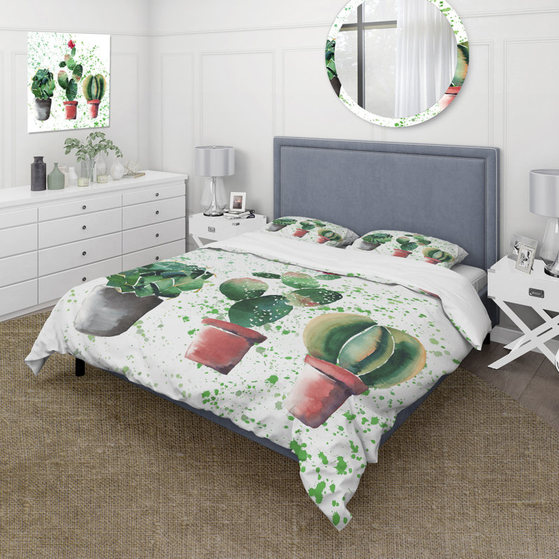 Three Cacti In Clay Pots - Ensemble de housse de couette traditionnel - Microfibre de polyester