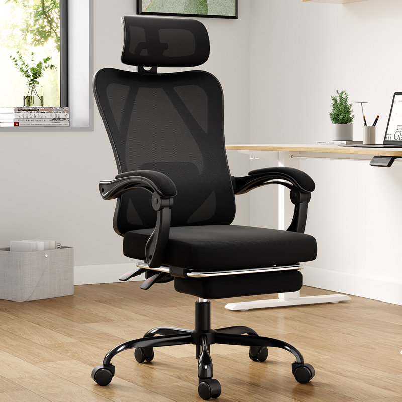 Chaise de bureau en filet avec repose-pieds et repose-tête, Noir