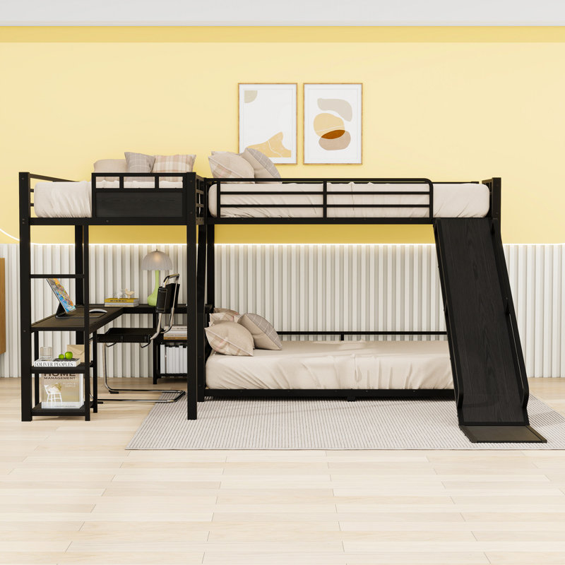 L-Shaped Metal Triple Bunk Bed With Slide, Desk And Storage, Twin and Twin Over Full