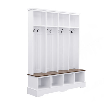 Farmhouse Hall Tree With 8 Hooks, Practical Entryway Bench With Open Compartments, 76.7"H Modern 3-In-1 Wooden Style Coat And Shoe Rack For Mudroom, Living Room