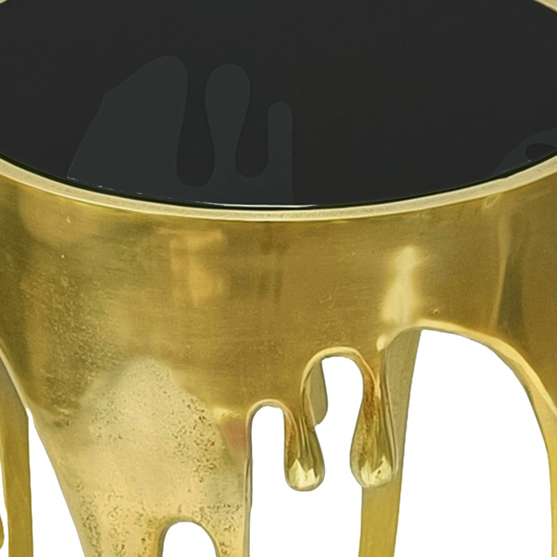 24.75" Modern Round Glass Top Side End Table with Melting Drip Design in Antique Gold Accent Table, Gold