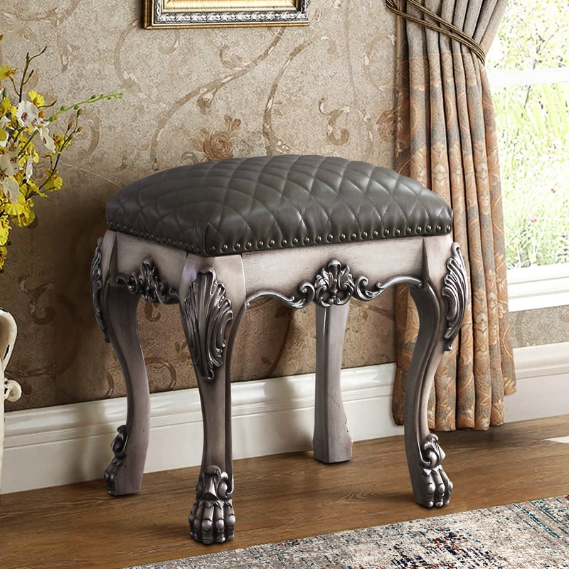 Tabouret de coiffeuse gris avec accents blanc os rétro, pour une chambre à coucher tranquille, confort