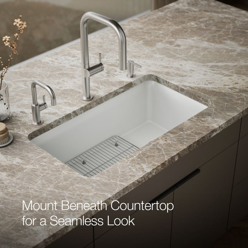 Cairn® 33-1/2" x 18-5/16" x 9-1/2" Under-Mount Single-Bowl Kitchen Sink with Basin Rack, Matte White