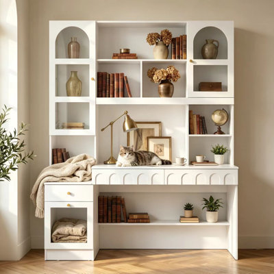 White Spacious Desk With Hutch, Tempered Glass Doors & Multi-Storage Compartments