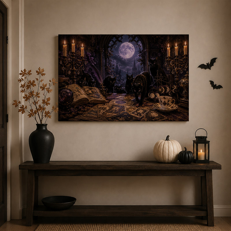 Chats noirs dans une pièce gothique sombre avec pleine lune et toile murale d'Halloween, H 12 po x l 18 po