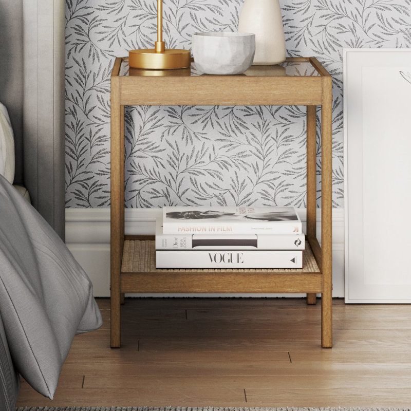 Glass Top End Table with Storage, Light Brown