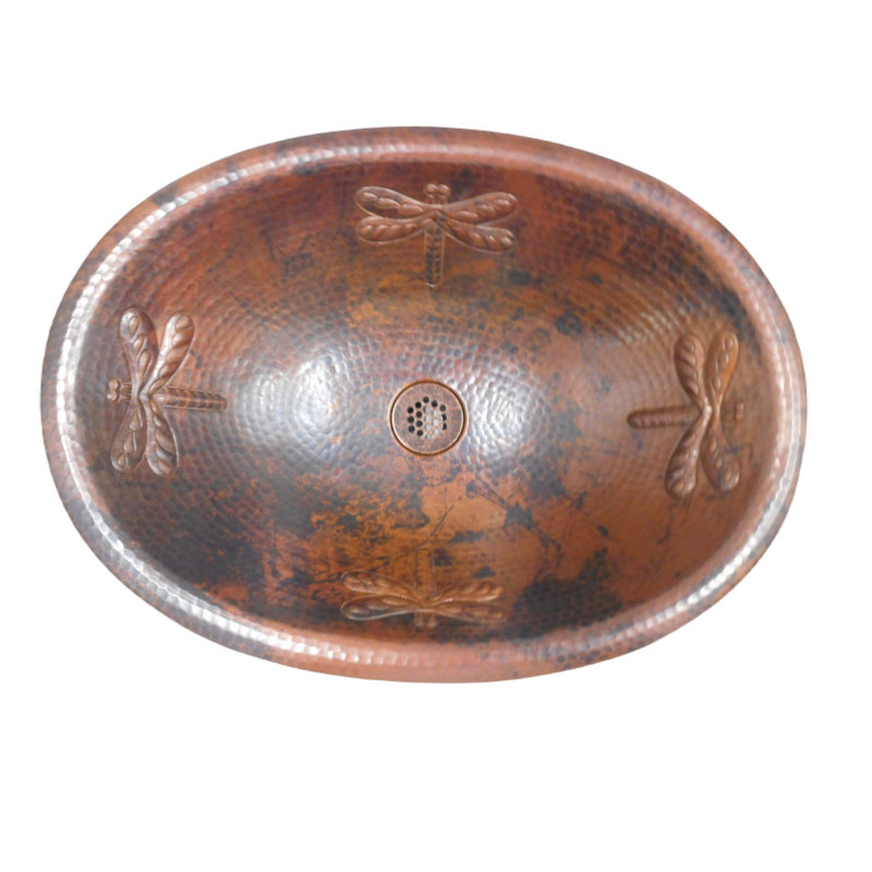 19" Copper Oval Drop-in Bathroom Sink with Dragonfly Design, Grid Drain Included