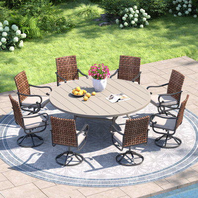 8-person Patio Dining Set with 60" Round Dining Table and 8 Cushioned Swivel PE Rattan Chairs