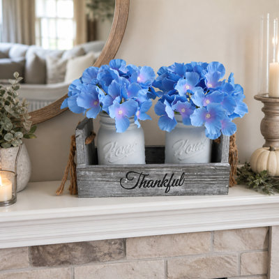 Cozy White Mason Jar Table Centerpiece with Pink Hydrangeas,Rustic Wood Tray Farmhouse Dining & Coffee Table Décor
