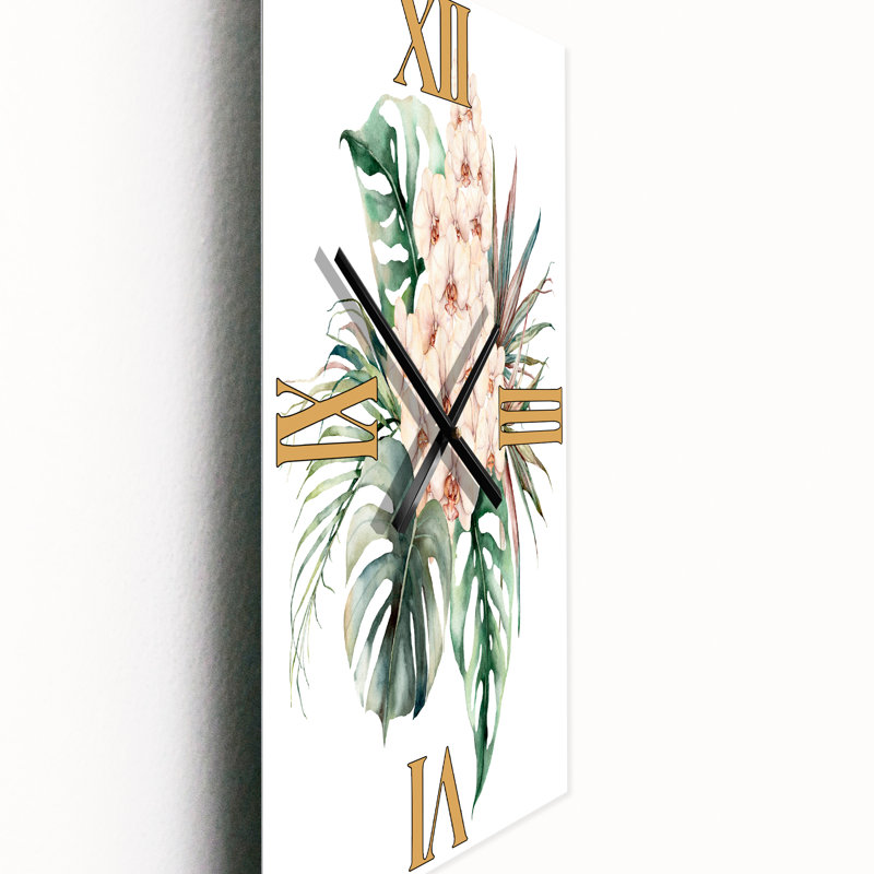 Horloge murale Bouquet avec orchidées Monstera et feuilles de noix de coco, Grand