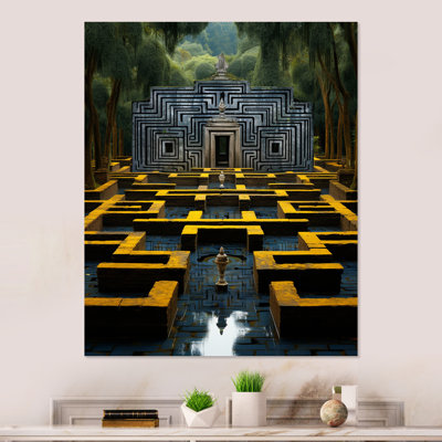Ancienne pierre Maya gris et jaune labyrinthe I - art mural en métal labyrinthe