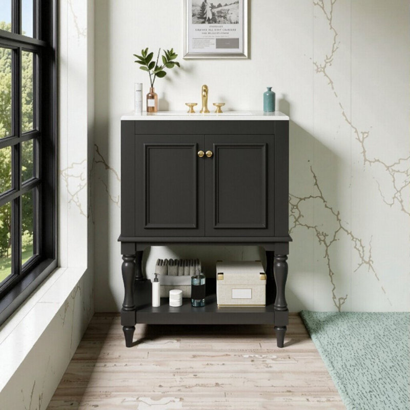 Meuble-lavabo simple 24 po avec lavabo en céramique ORVICA, tablette ouverte, 2 tiroirs, Black