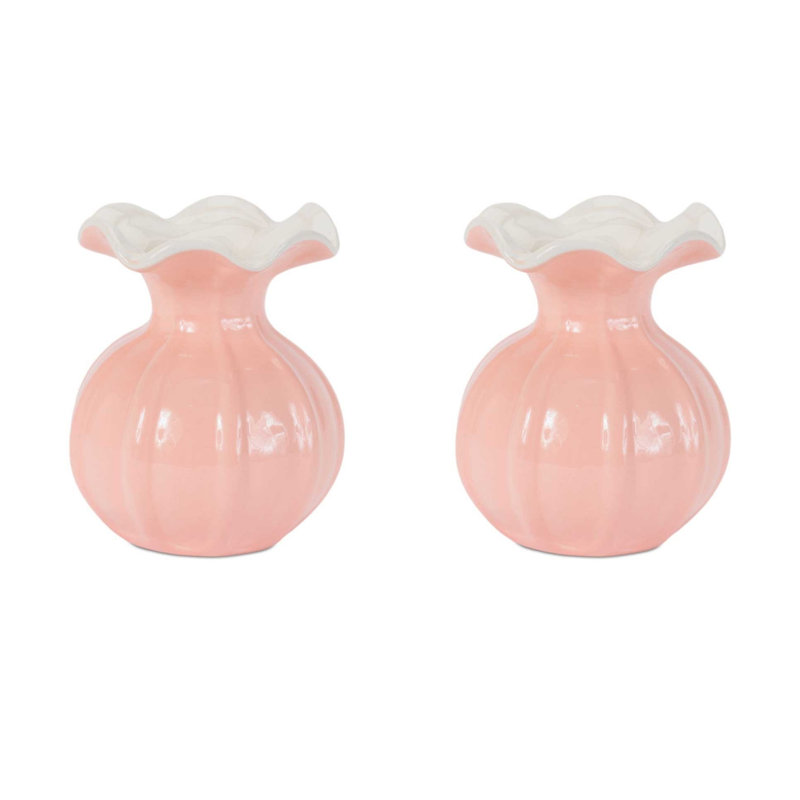 Ribbed Ruffle Rim Vase (Set of 2), 5.25"H, Pink