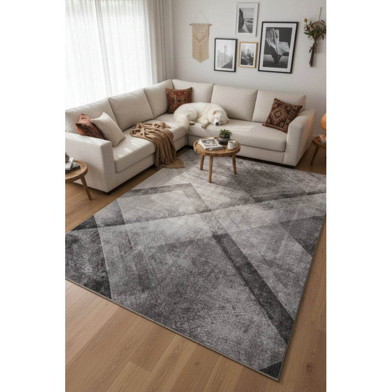 Grey Anthracite Striped Woven Base Decorative Carpet, Rectangle 3'10" x 5'3"
