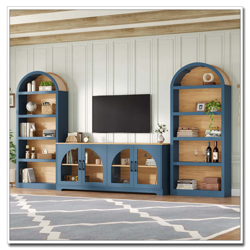 Ensemble de meuble télé 3 pièces avec bibliothèque pour téléviseur de 70 po ou moins, Bleu