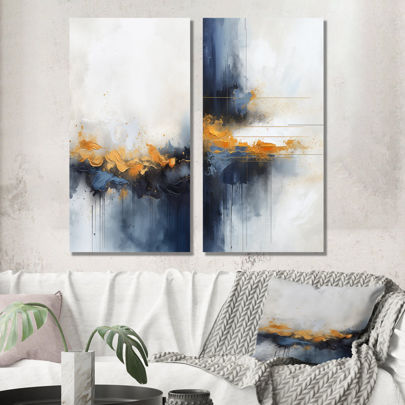 «Blue and Yellow Fluid Harmony», peinture abstraite I - ensemble de 2 peintures murales abstraites en métal
