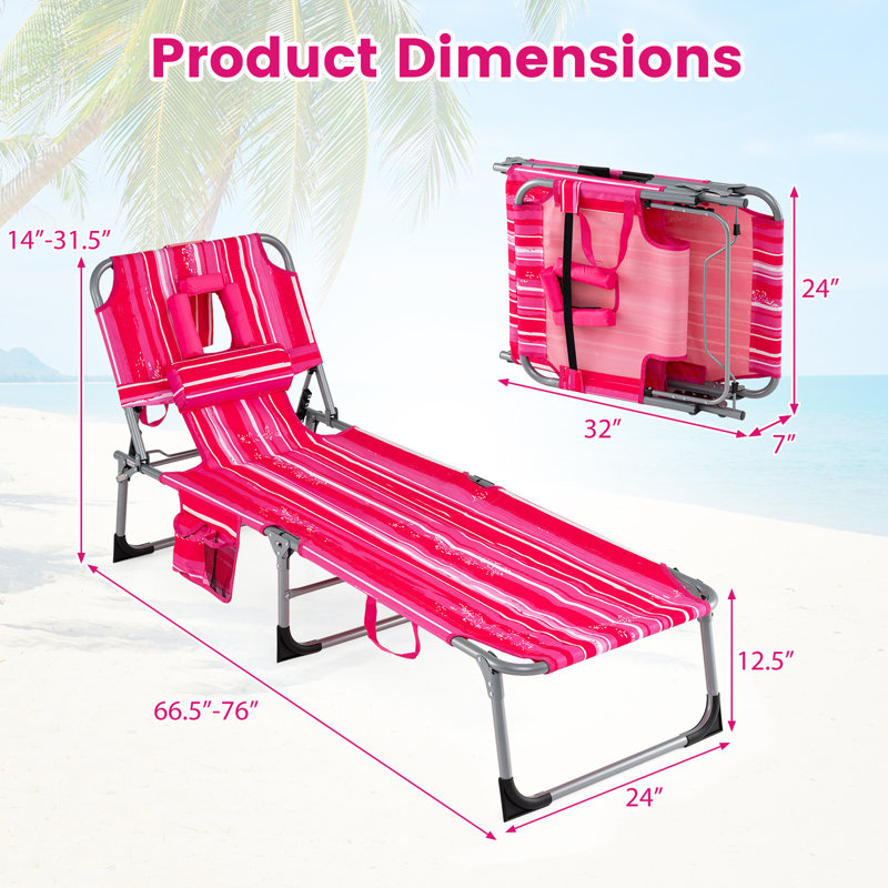 Outdoor Beach Lounge Chair Folding Chaise Lounge with Pillow Light Pink, 2