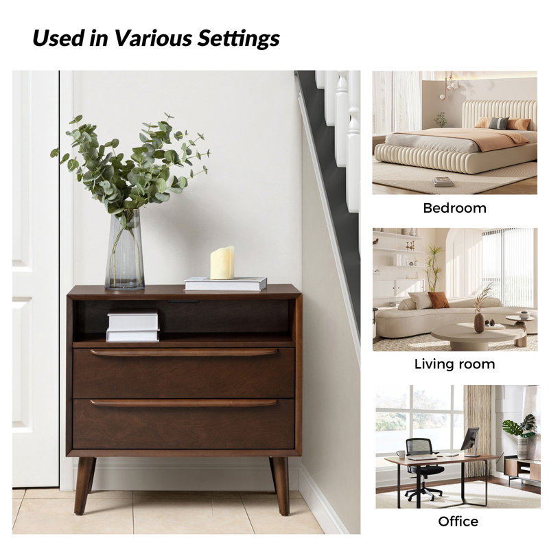 Aviannah Mid-Century Modern 2 - Drawer Nightstand With Built-In Charging Station And Legs And Open Shelf, Walnut
